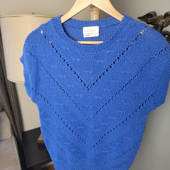 Womens 80s 90s Short Sleeve Knit Sweater Blue - Picture 8 of 9
